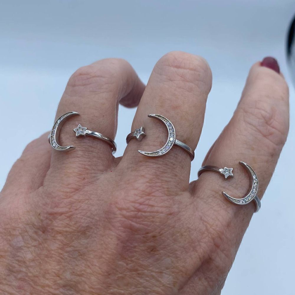 Crescent Moon & Star Sterling Silver CZ Ring